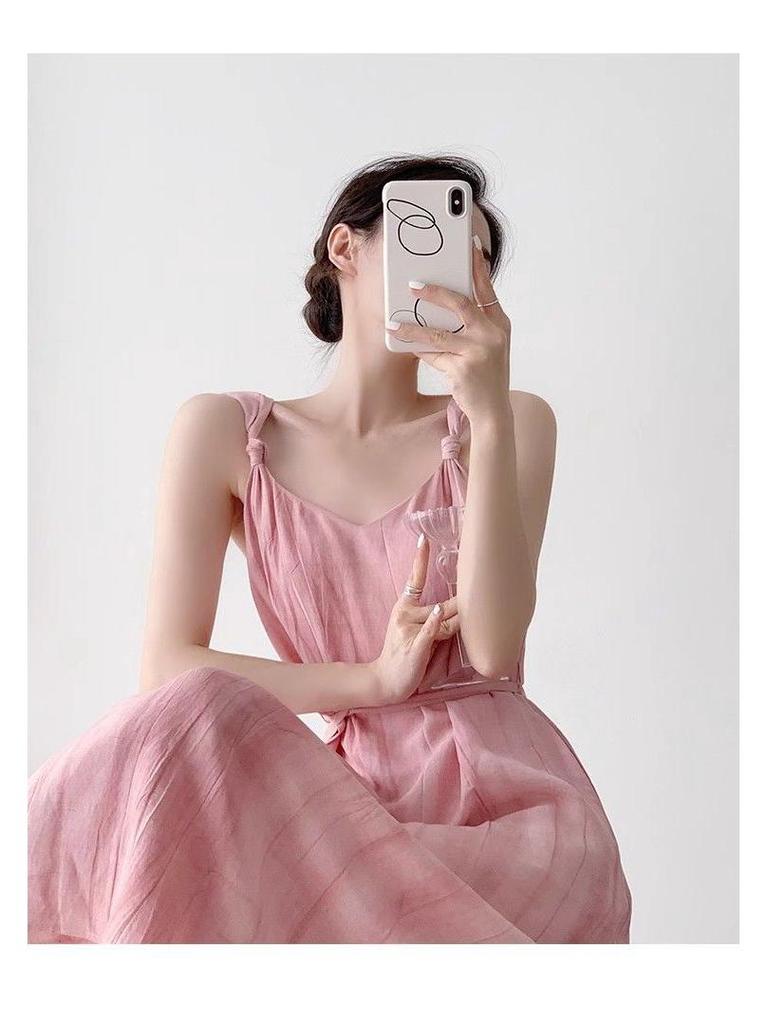 Women's French Retro Off-Shoulder Pink Tie-Dye Camisole Dress for Summer Vacations