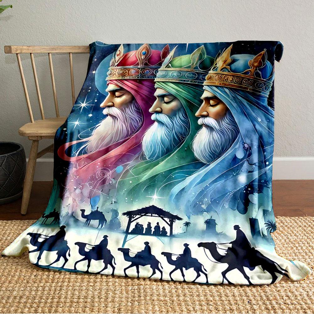 Three crowned figures above a nativity scene with camel riders below. for all seasons blanket lunch break throw gift