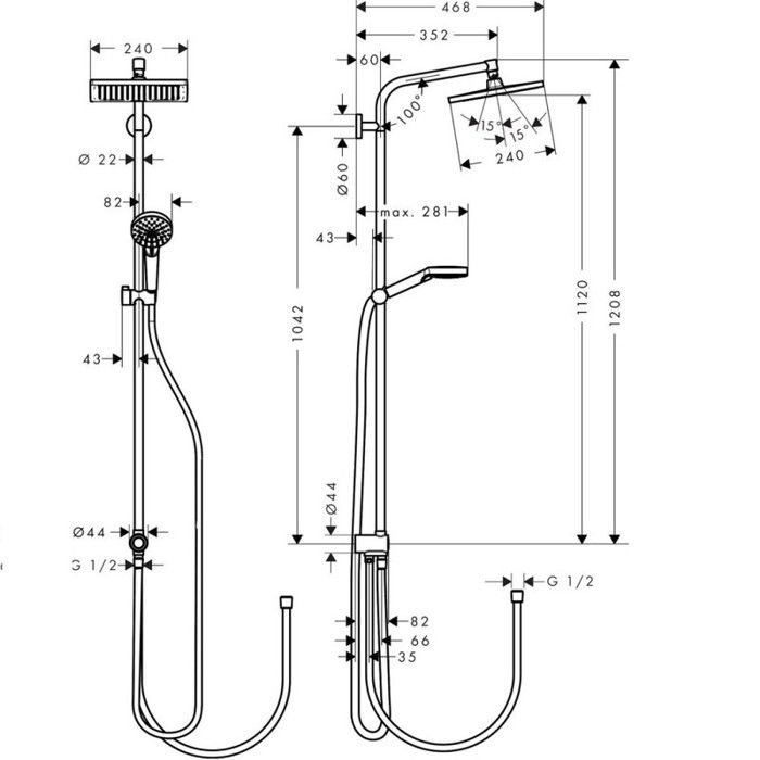 Colonne de douche ou bain douche sans mitigeur HANSGROHE Crometta E 280 EcoSmart chromé
