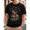 Men's Black Short Sleeve Crewneck T-Shirt With Tropical Cocktail Graphic Print For Summer Casual Wear