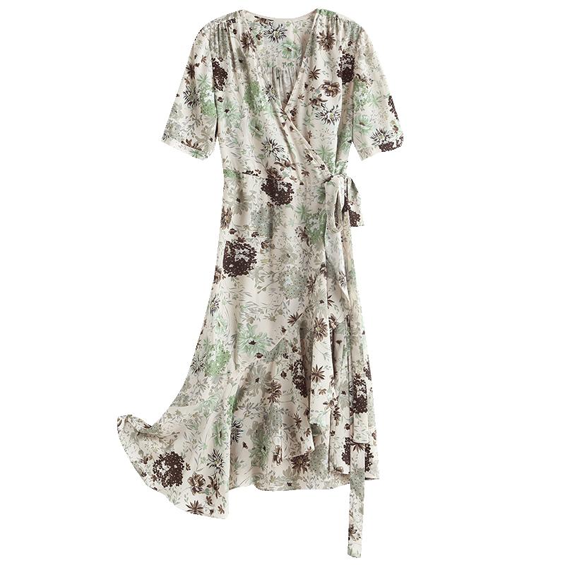 [Mint Manbo] Spring/Summer V-neck Printed Lace for Skinny Silk Dress, Mulberry Silk Style Long Dress for Women