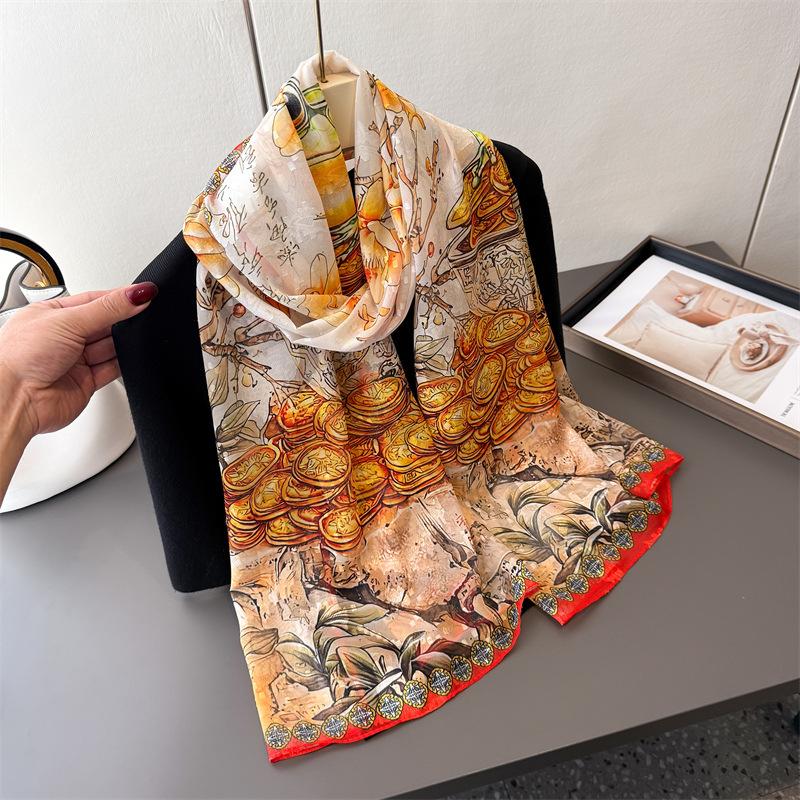180*70cm Print Sunscreen Gauze Large Scarf Women Bandanna Popular Silk Shawl Scarves Spring Summer Autumn Hijab Wrap Beach Towel