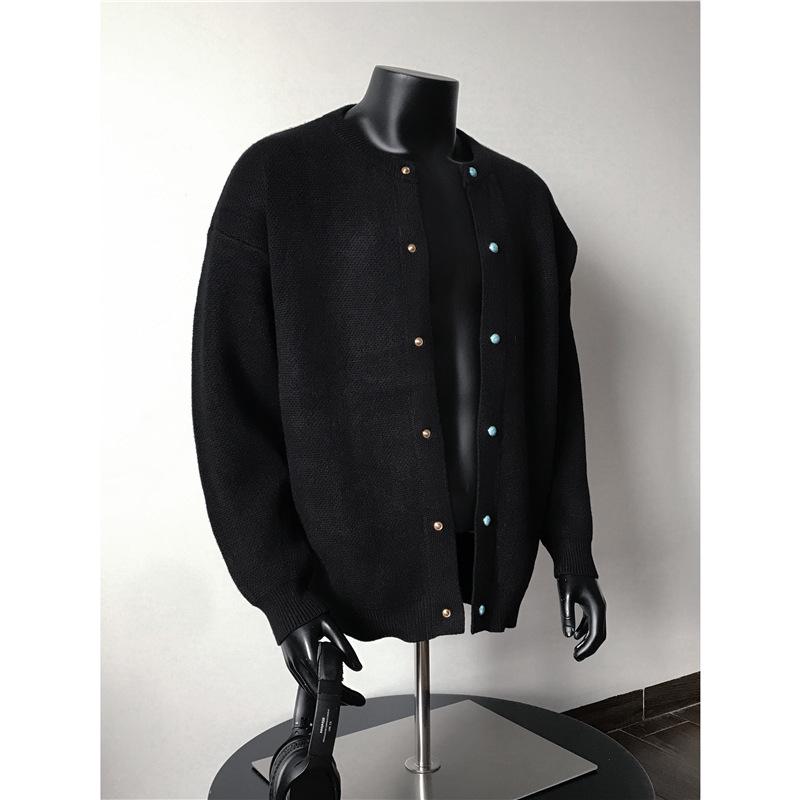 

QAGO Turquoise Color Block Button Cardigan Sweater for Men - Autumn American Old Money Style Knitwear Large чорний