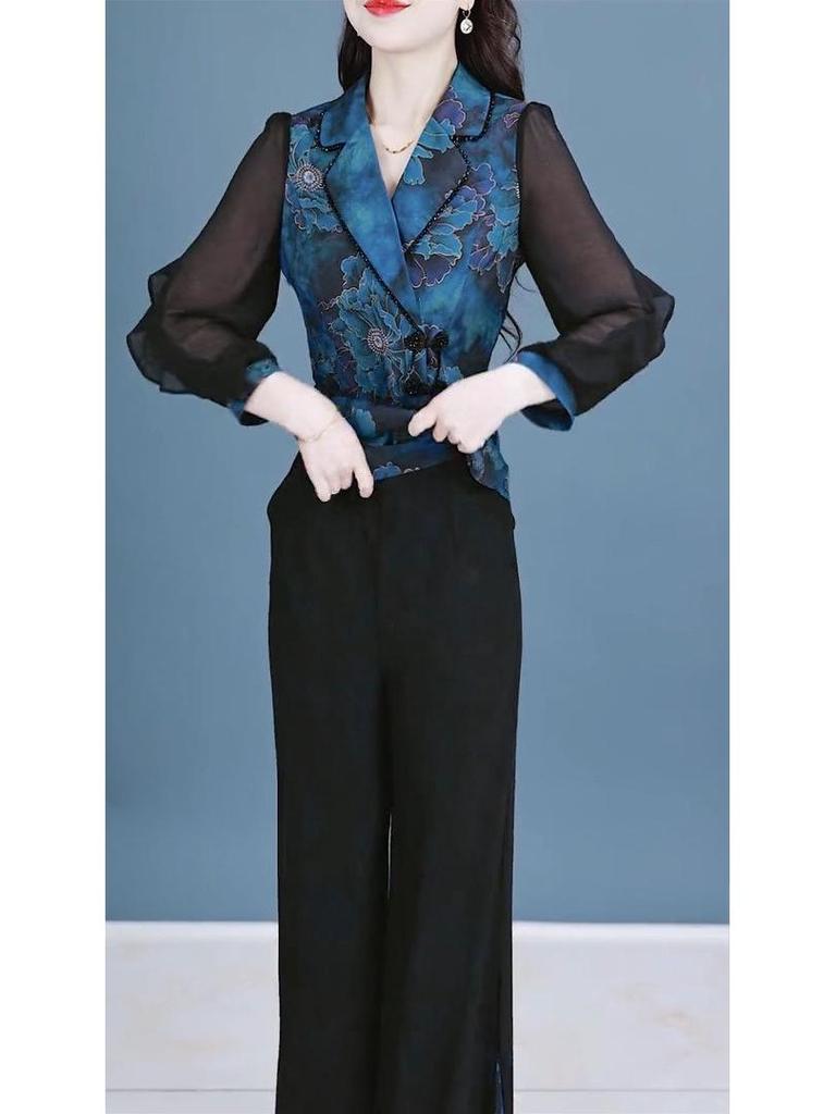 2025 Spring Women's Chinese National Style Two-Piece: Slimming Top & Wide-Leg Pants