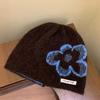 Korean Floral Knit Beanie for Women Winter Warm Face-Slimming Hat