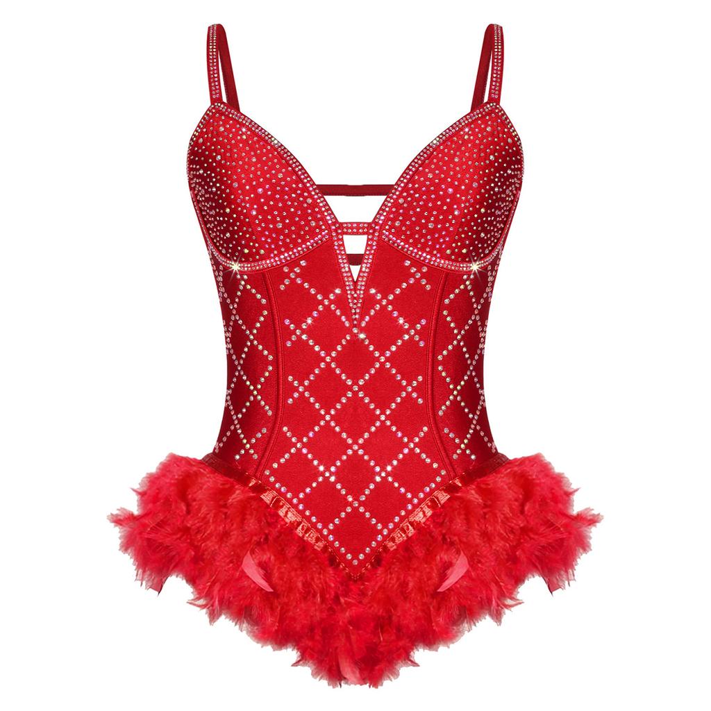 Womens Shiny Rhinestone Feather Leotard Deep V Neck Adjustable Spaghetti Straps Strappy Back Bodysuit