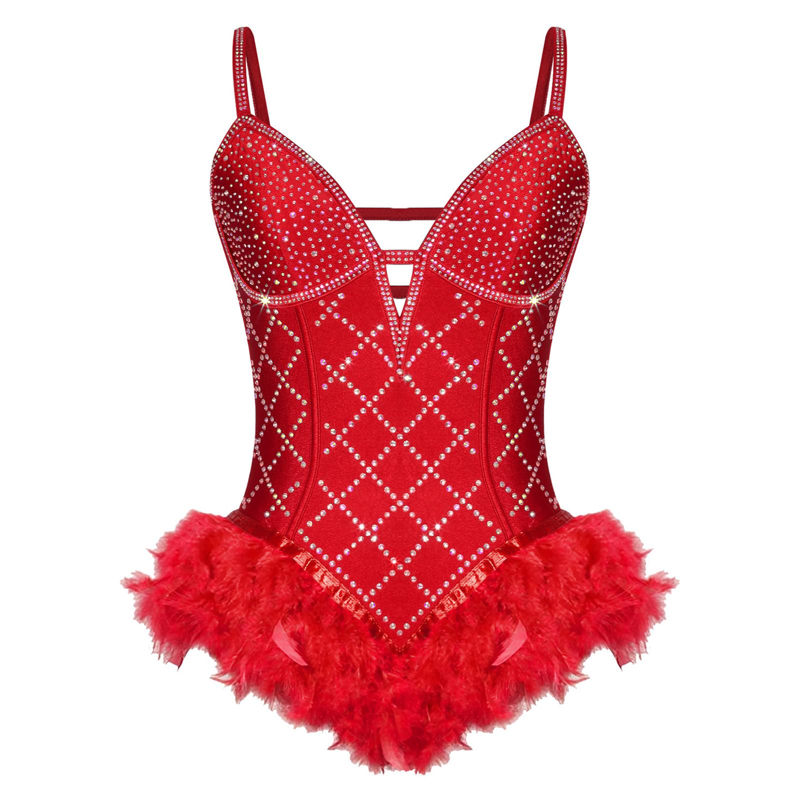 

Womens Shiny Rhinestone Feather Leotard Deep V Neck Strappy Back Bodysuit Party Performance Wear S