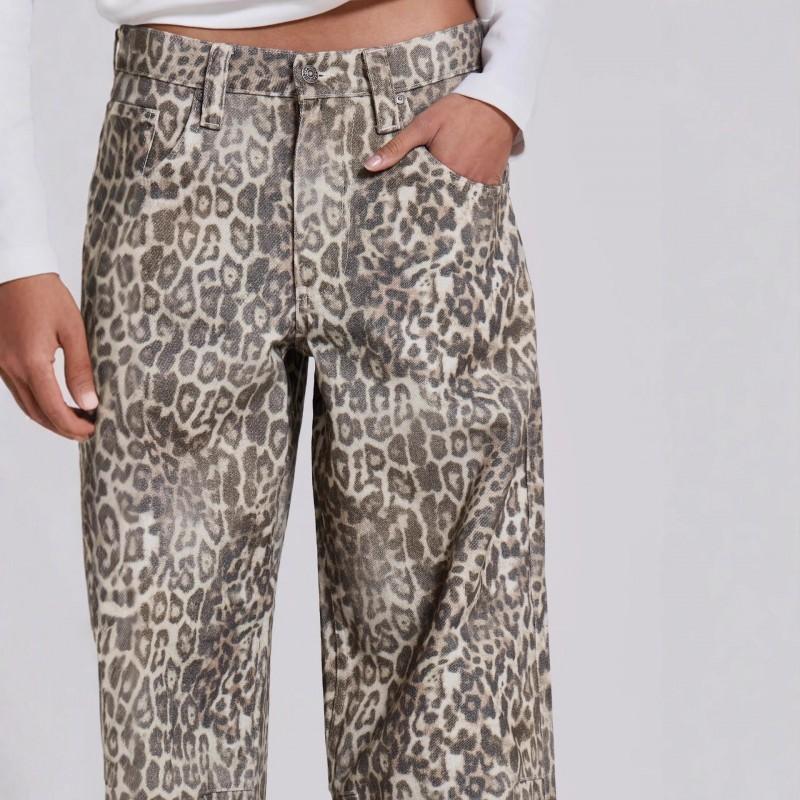 Y2K Low Waist Wide Leg Jeans Women Leopard Print Streetwear Casual Trousers