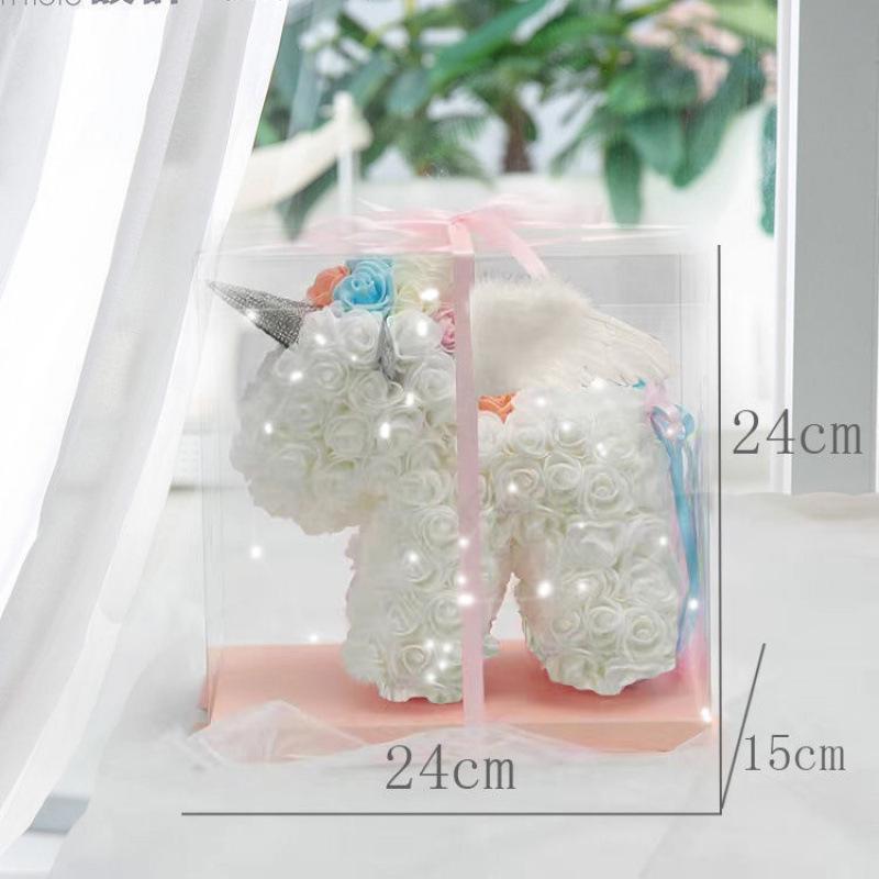 Qixi Unicorn Rose Preserved Flower & Teddy Bear Gift Set for Girlfriend or Kids