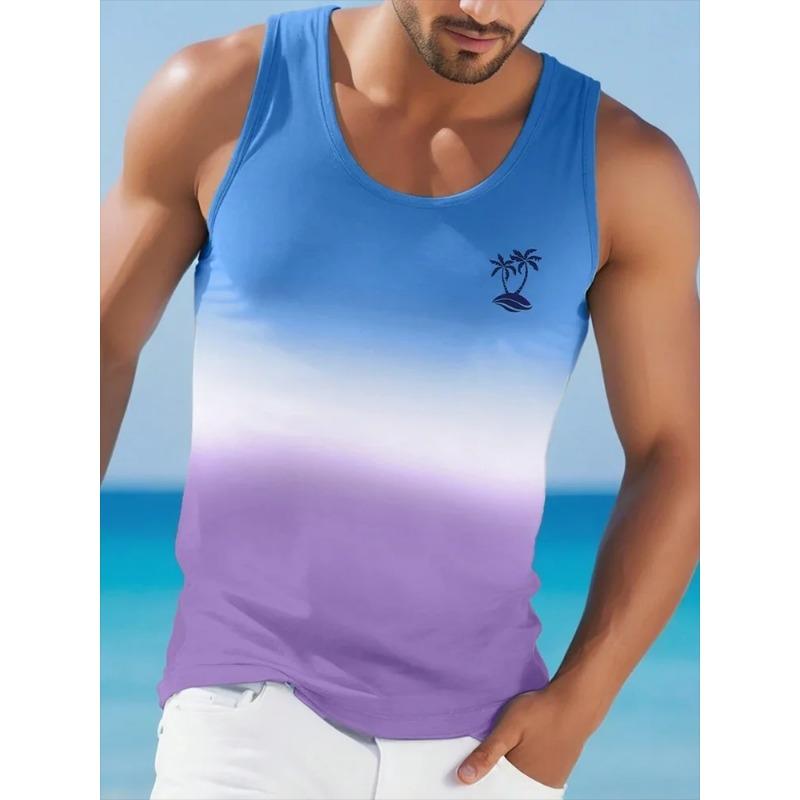 Letní tričko s kulatým výstřihem s 3D gradientním potiskem kokosových palem, módní ležérní havajský styl, pánské tílko bez rukávů