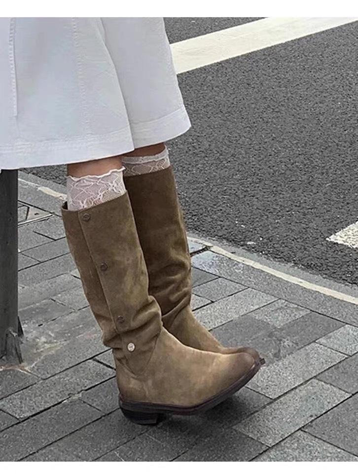 

Версия из овчины~ Ретро замшевые ботильоны с круглым носком и толстым каблуком, средней высоты, женские, с отворотом, можно носить двумя способами, ковбойские сапоги в западном стиле 40 хаки