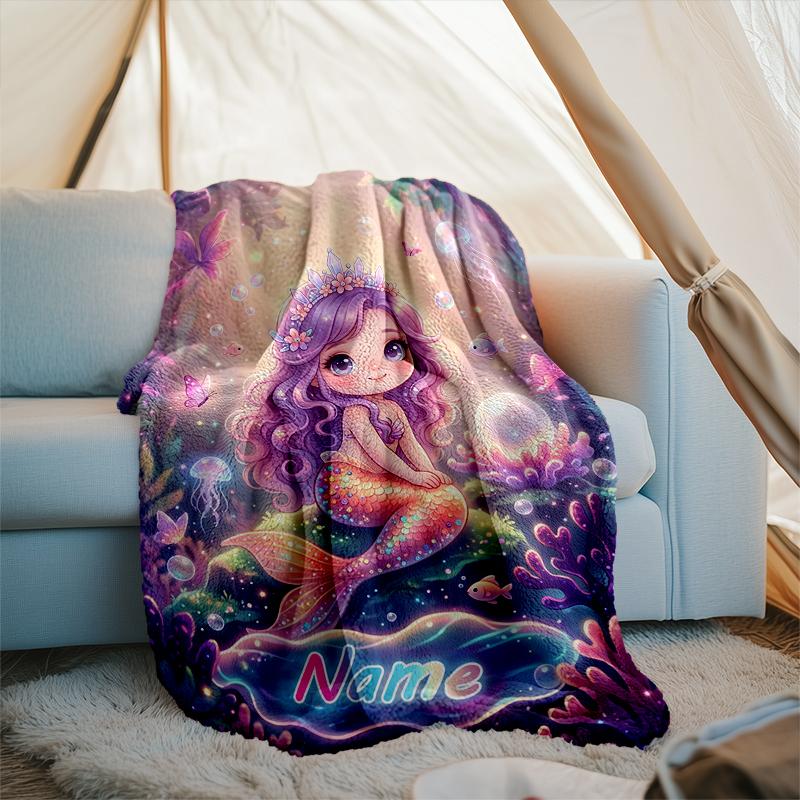 1PC Custom Name Mermaid Dreams Underwater outdooor Flannel blankets Throw Blanket All-Season Throw Gift Bedspread for Couch, Bed, Camping Holiday Birt