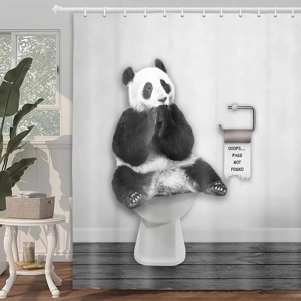 Panda Bamboo Shower Curtain, Cartoon Funny Cute Blue Sky Rainbow Kids Bamboo Forest Animals Birds, Bathroom Decorative Fabrics