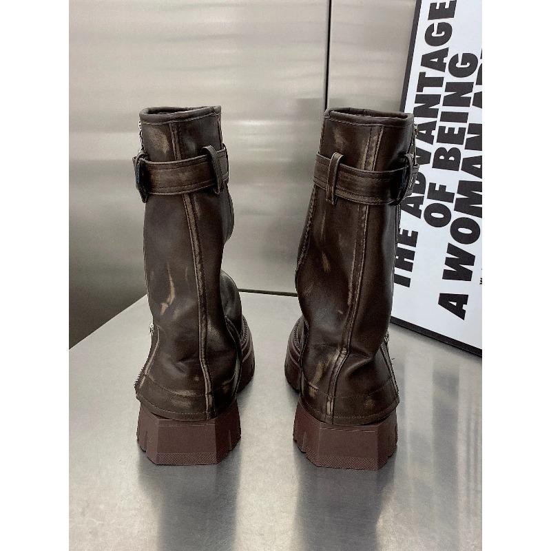 Women Fashion Boots European Leather Square Toe Maillard Western Cowboy Thick Soled Boots Motorcycle Short Boots