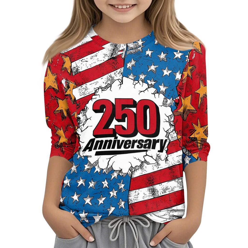 Children's Independence Day Printed Round Neck Seven Quarter Sleeve Casual T-shirt