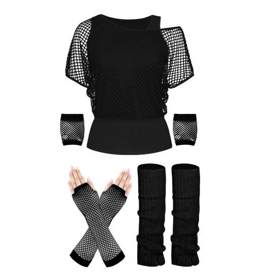 

Women 80s 90s Neon Party Outfit Sexy Fishnet One Shoulder T-Shirt Gloves Cuffs Leg Warmers for Theme Party Carnival Fancy Dress Costume M чорний