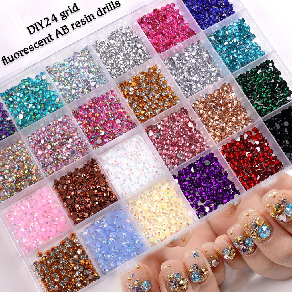 24 Grid Nail Art Acrylic Flat Bottom Resin Nail Art Drill Fluorescent Ab Resin Drill Diy Jewelry Accessories
