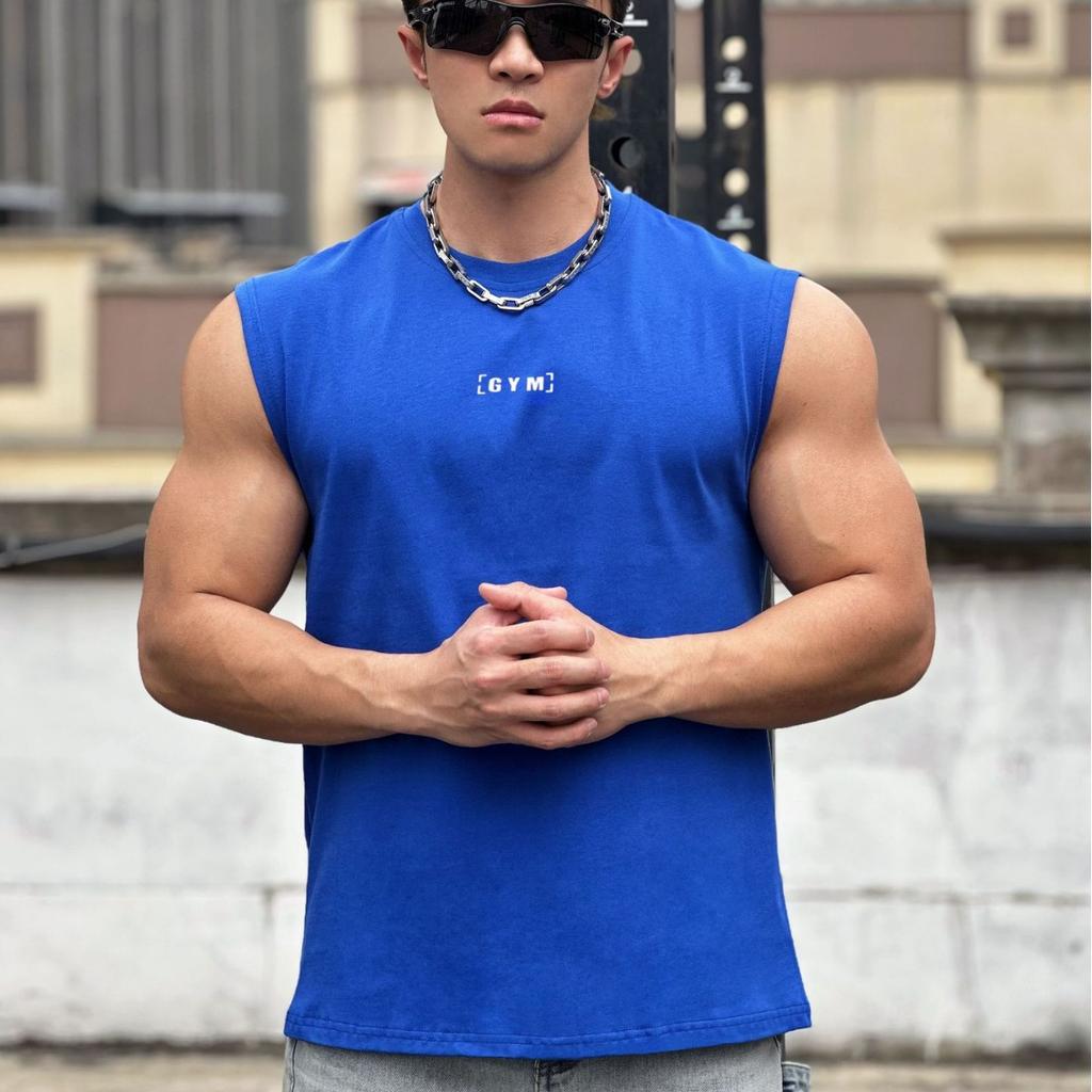 American Style Men's Summer Wide Shoulder Cotton Fitness Vest Casual Sports Running Sleeveless Top