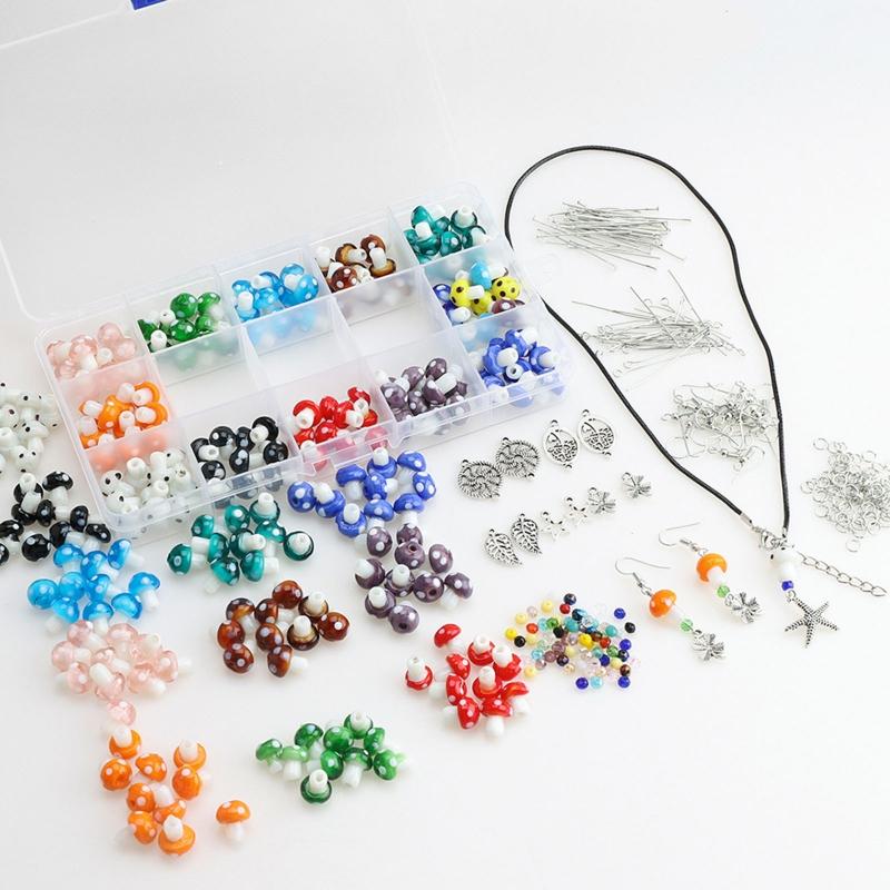 120X Mixed Mushroom Charm Bead Spacer Loose Beads with Clear Elastic Thread Pendant Hook for Jewelry Making DIY Supplies
