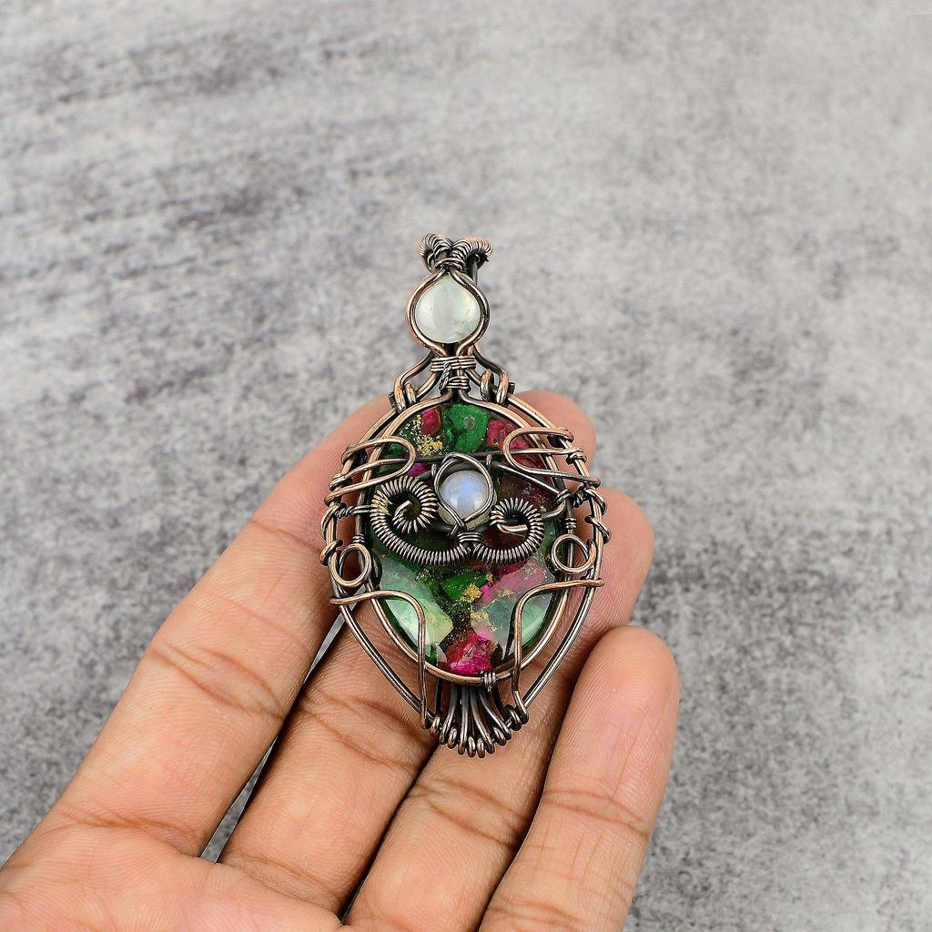 Multi Copper Turquoise & Rainbow Moonstone Pendant Gemstone Jewelry, 999 Copper Wire Wrapped Handmade Pendant, Latest Design Jewelry