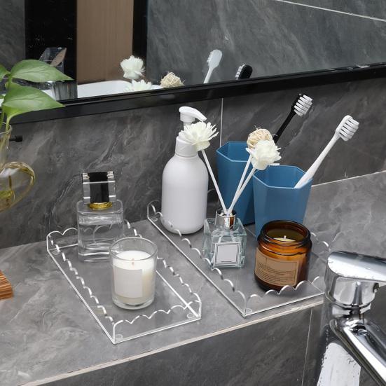 1/2Pcs Acrylic Bathroom Vanity Tray Multi-purpose Soap Dispenser Perfume Holder Storage Tray Living Room Counter Rectangle Decorative Scalloped Tray