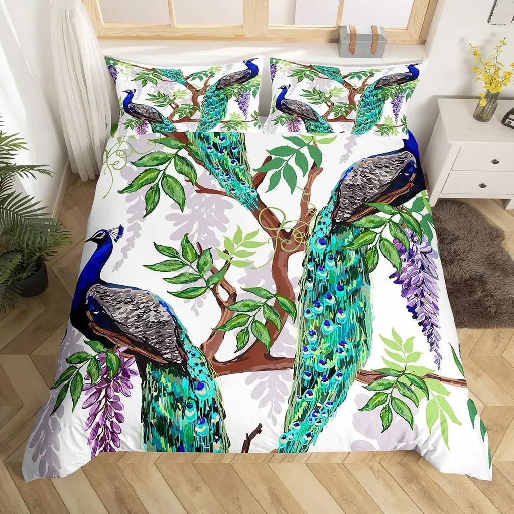 Peacock Comforter Cover Bohemian Duvet Cover Set Exotic Birds Animals Bedding Set Feather Floral Fresh Natural Bedspreads Cover