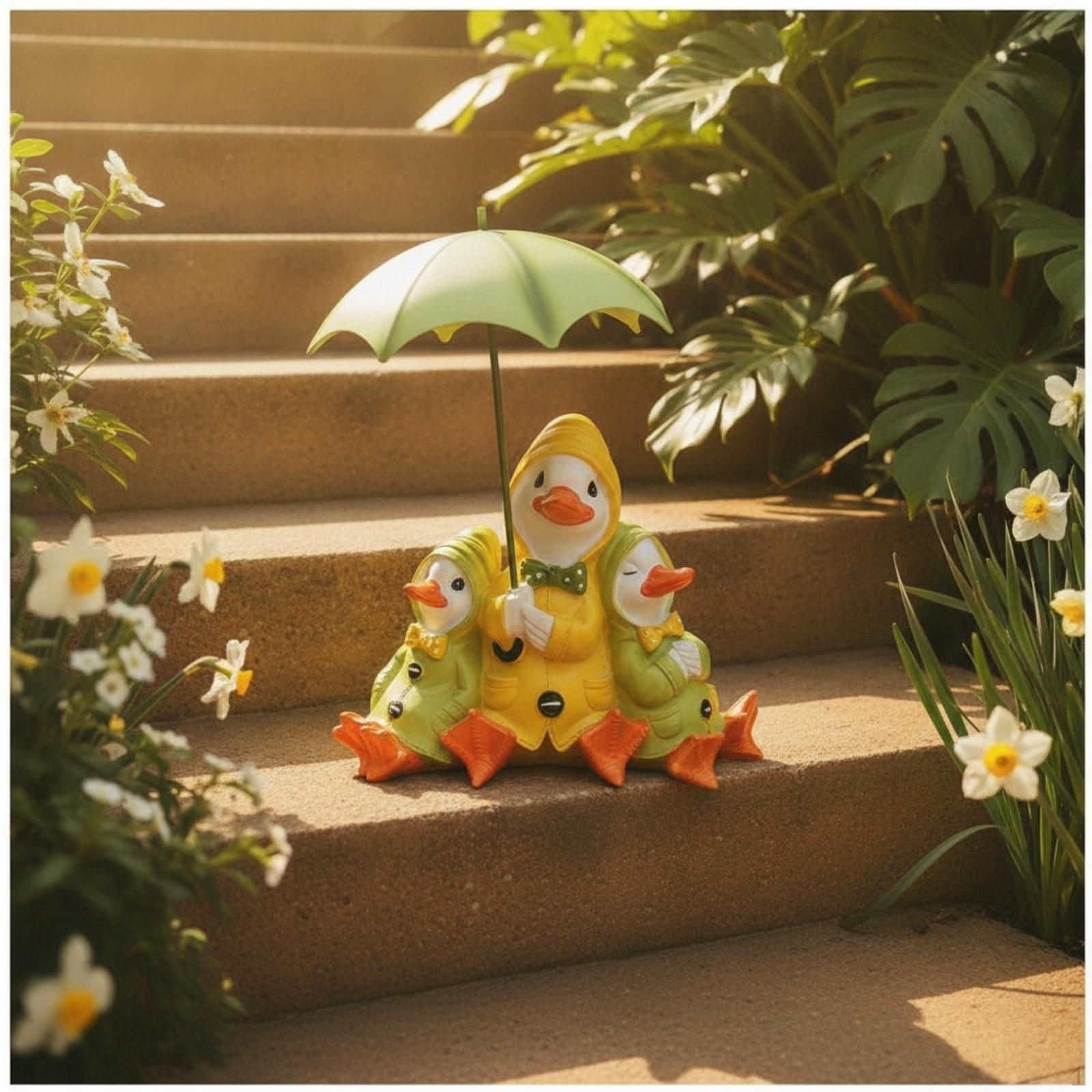 Ducks with Umbrella Statue Resin Duck Painted Figurine for Gardeners, Homeowners, Yard,