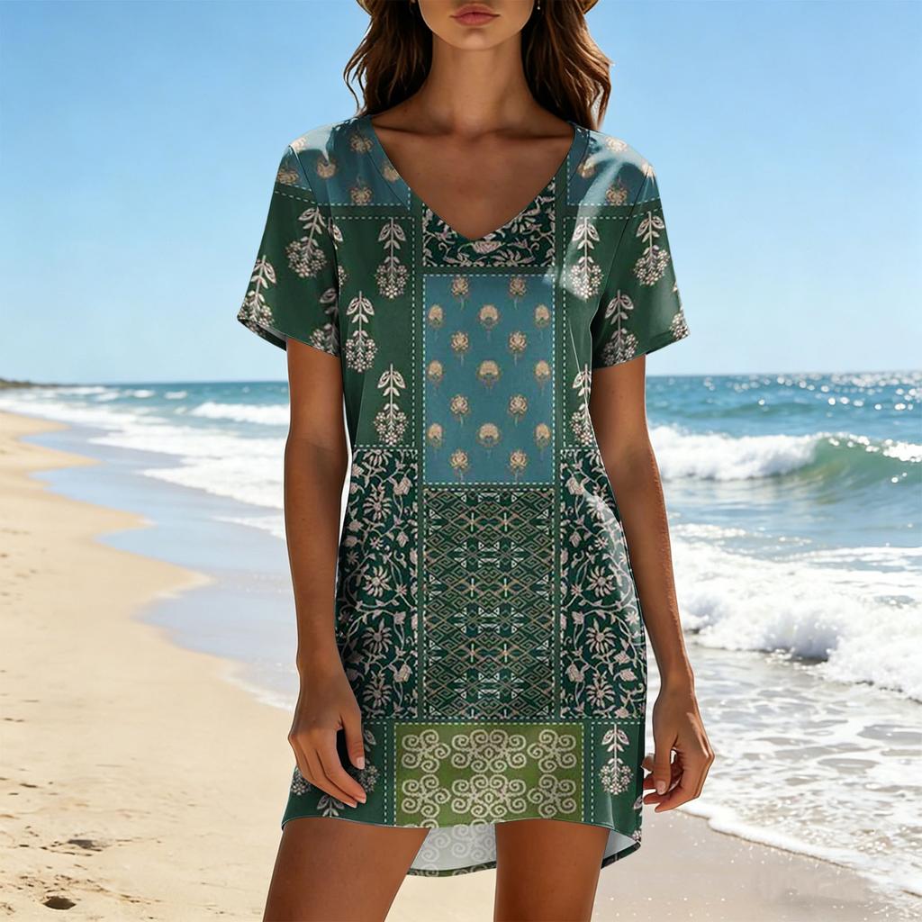 Women's Casual V Neck Short Sleeve Dress Vintage Printed Summer Loose Fit Lightweight Soft Fabric Comfortable Wear