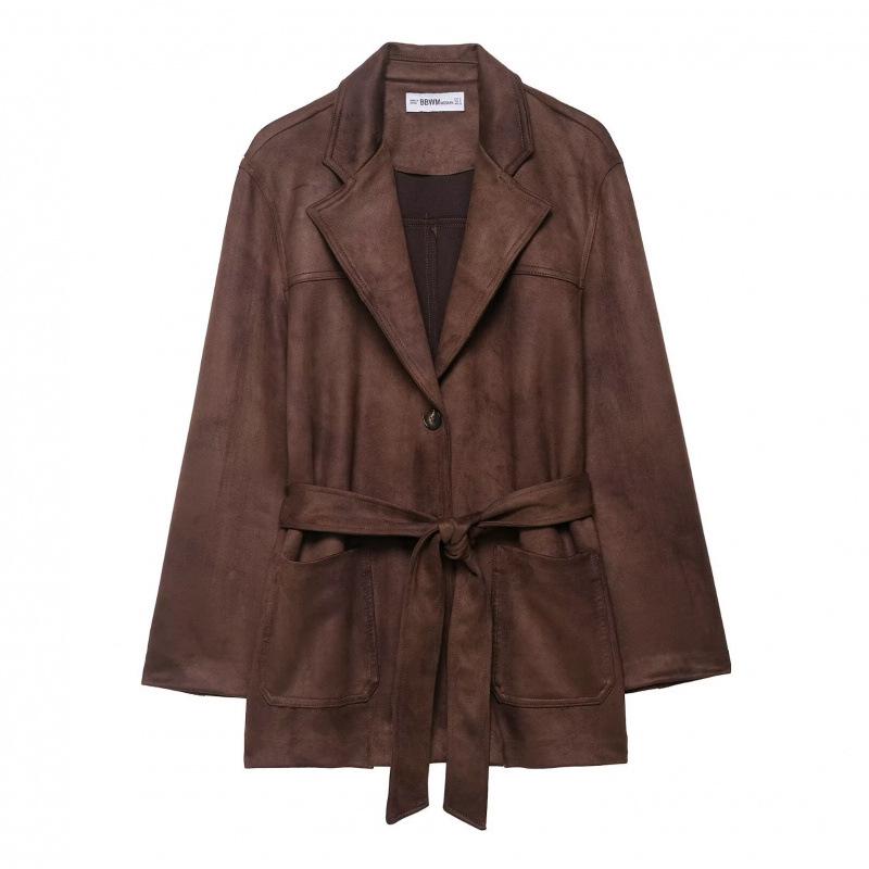

Women s Fashion Suede Effect Casual Lapel Jacket with Belt S каштановый