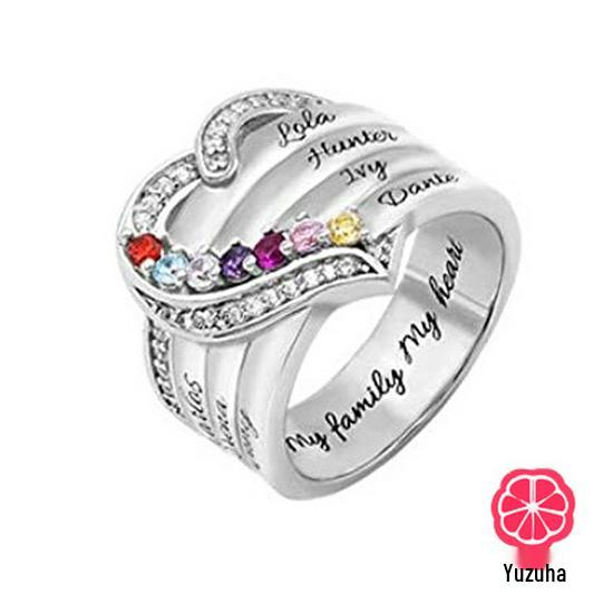 Prsten Srdce s 12 Barvami Rodných Kamenů a Gravírovanými Jmény Rodiny - Perfektní pro Den matek a Vánoce