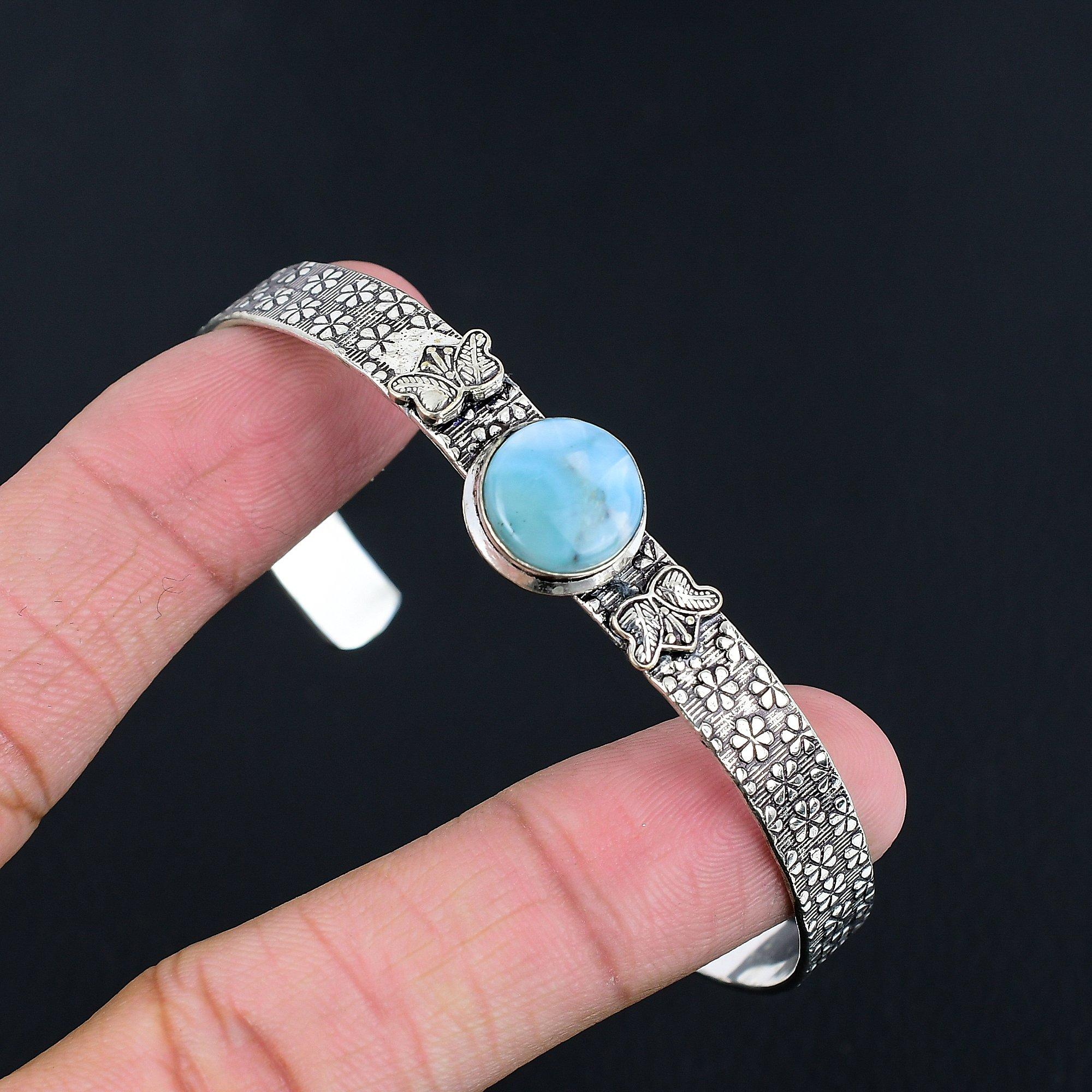

Daughters Day Deal 925 Sterling Silver Round Natural Larimar Wife Wedding Bangle Adjustable