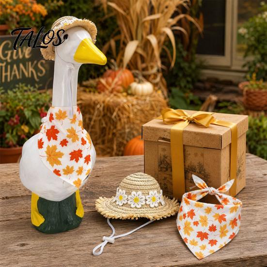 1 Set Autumn Porch Goose Outfit, Straw Hat And Maple Leaf Scarf, Fall Season Goose Costume for 23 Inch Goose Statue Outdoor Yard Lawn Garden Decor