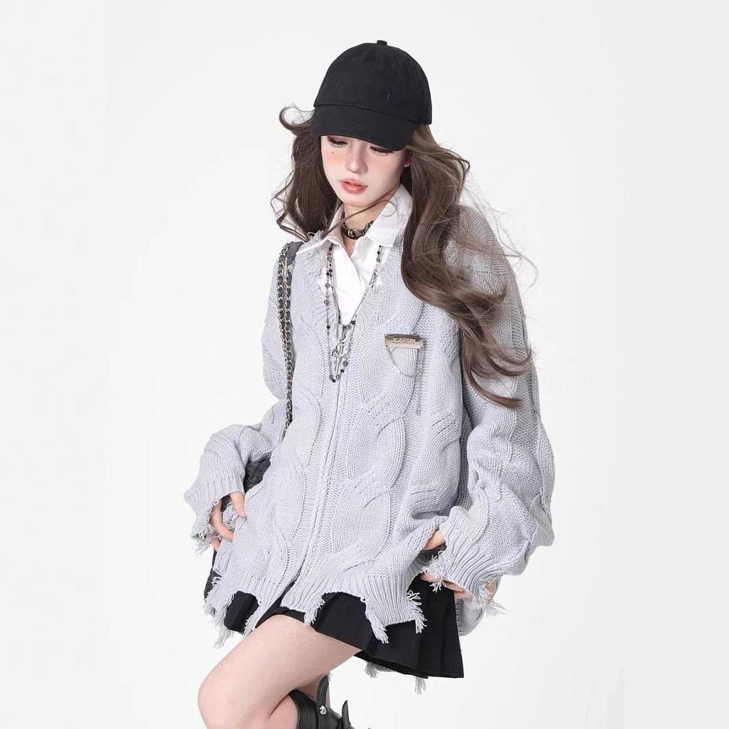 Cardigan Lavorato a Maglia da Donna Vintage Nero con Zip Scollo a V Oversize Moda Coreana Maglione Autunno
