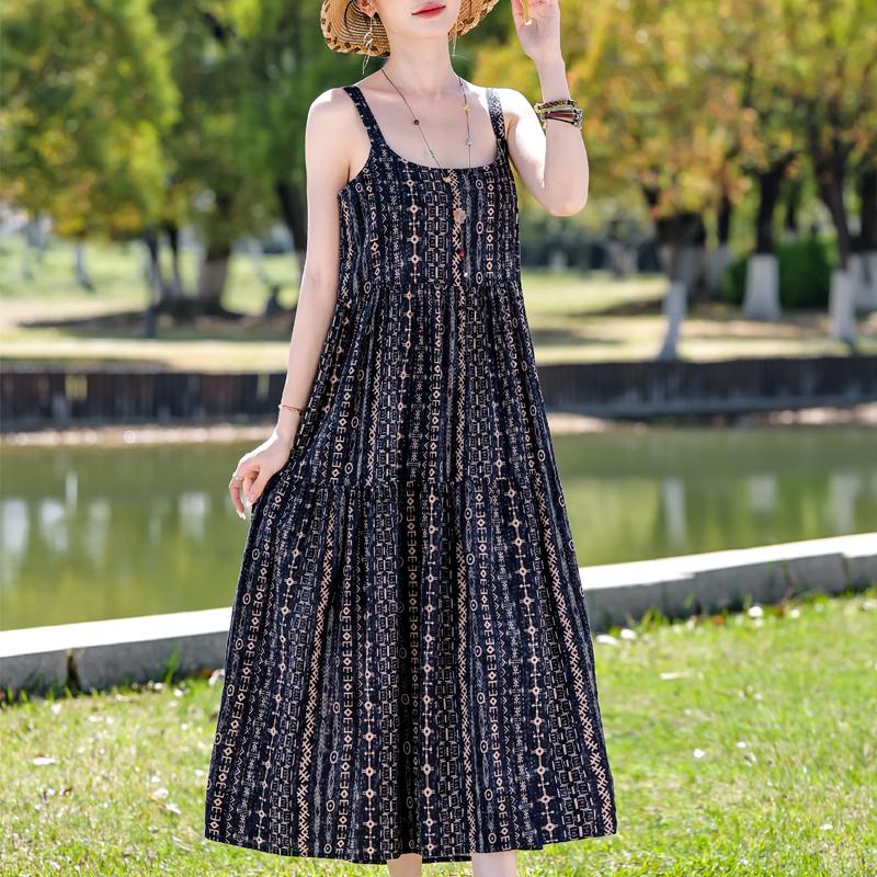 Elegant Sling Dress for Women Plus Size Casual Summer Long Dress Vintage Middle-aged Women's Clothing