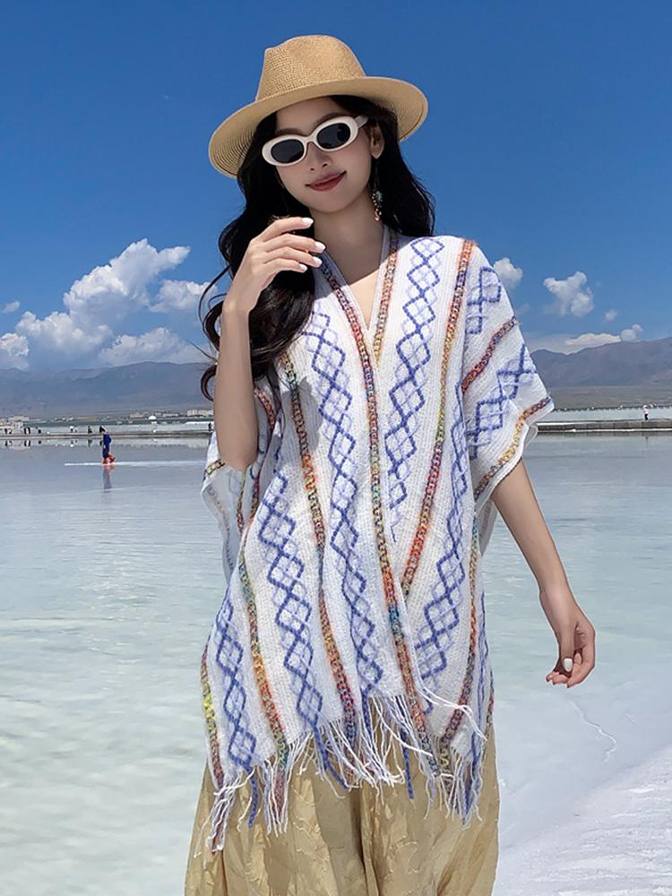 Winter Women Scarf Layers Poncho Elegant Lady White Striped Plaid Tassel Wraps Shawl Warm Scarve Capa Para Mujer Pashmina Cloak