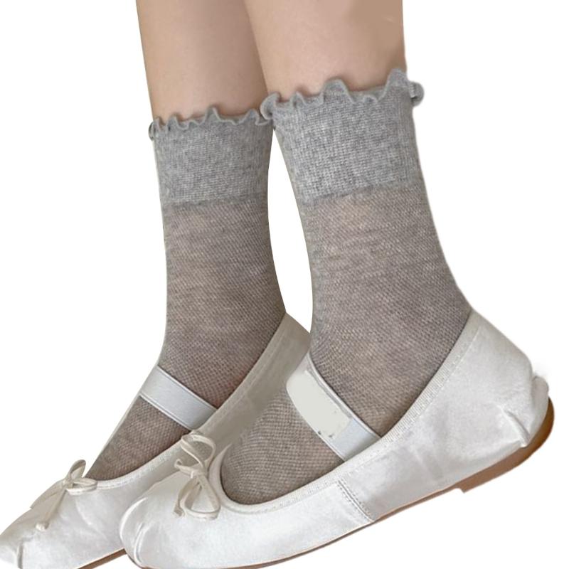 Elegant Hollow Out Breathable Mesh Middle Calf Socks Seamless Cotton Solid Color Ruffle Turn Cuff Crew Socks for Women