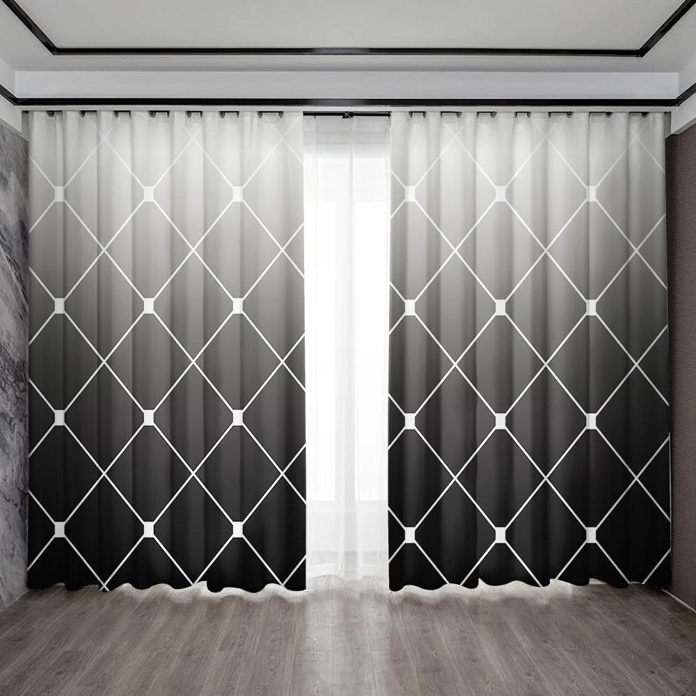 

2PC Home Decoration Curtains With Geometric Mesh Background And Rod Pocket Curtains, Suitable For Kitchens, Cafes, Living Rooms 75x166cm&Without mount