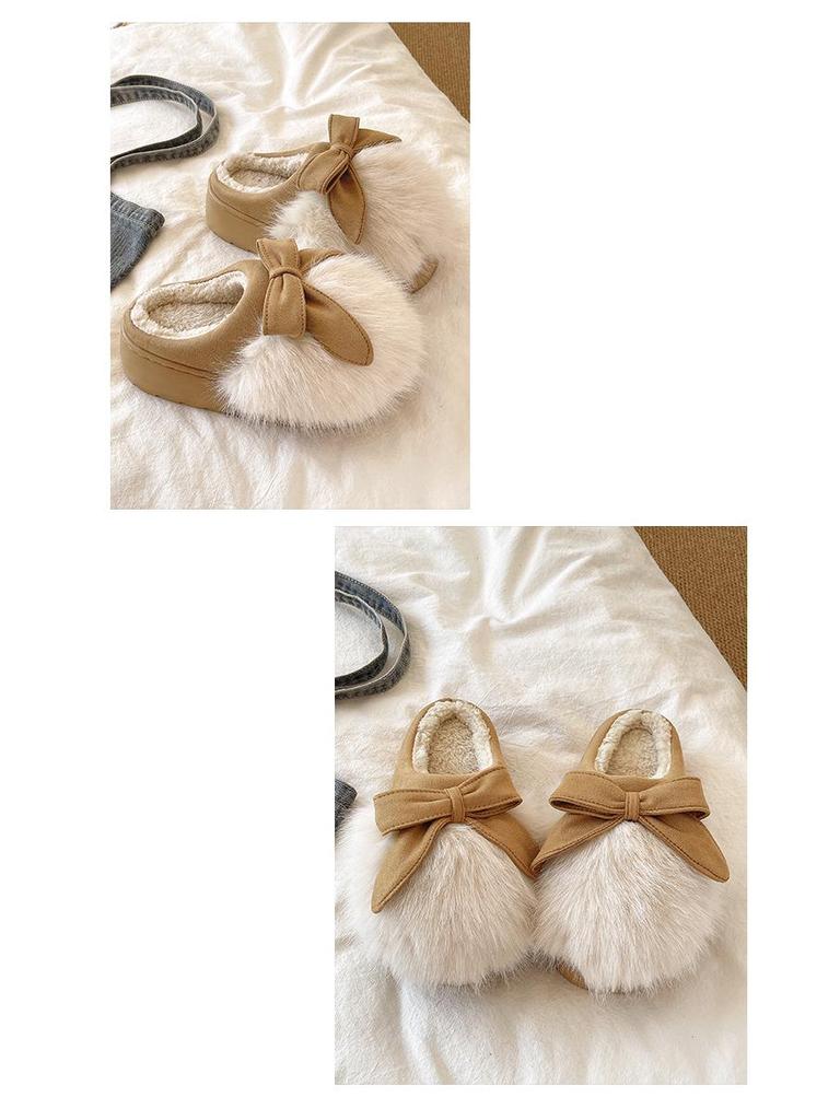 Women's Furry Bow Cotton Slippers: Thick-Soled, Velvet-Lined, Warm, Non-Slip for Autumn & Winter Indoors
