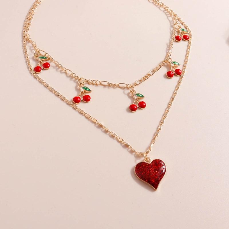 Trendy INS Style Neck Chain Jewelry Sweet Cool Double Layer Necklace with Lovely Cherry/Grape and Heart Pendant Charm
