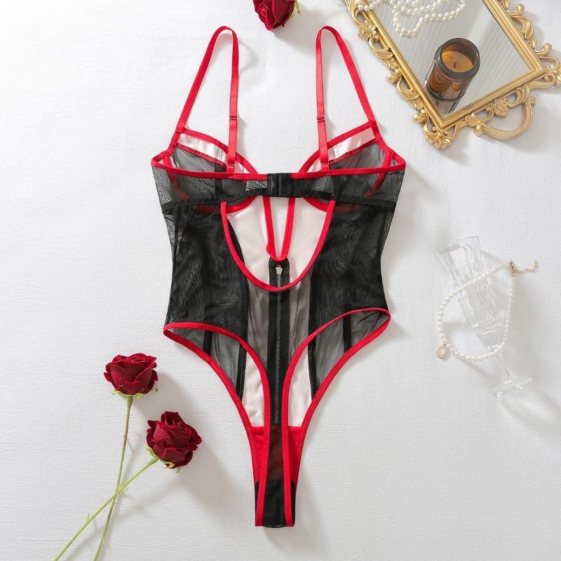 Sexy Sheer Mesh Spliced Pu Leather Slim Rivet Shaping Bodysuit For Women