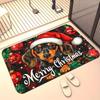 Christmas Dachshund Santa Hat Doormat, Red Black Golden Non-Slip Absorbent Hand Wash Polyester Rug for Pet Lover Home Decor