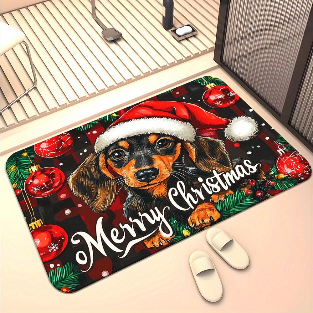 Christmas Dachshund Santa Hat Doormat, Red Black Golden Non-Slip Absorbent Hand Wash Polyester Rug for Pet Lover Home Decor