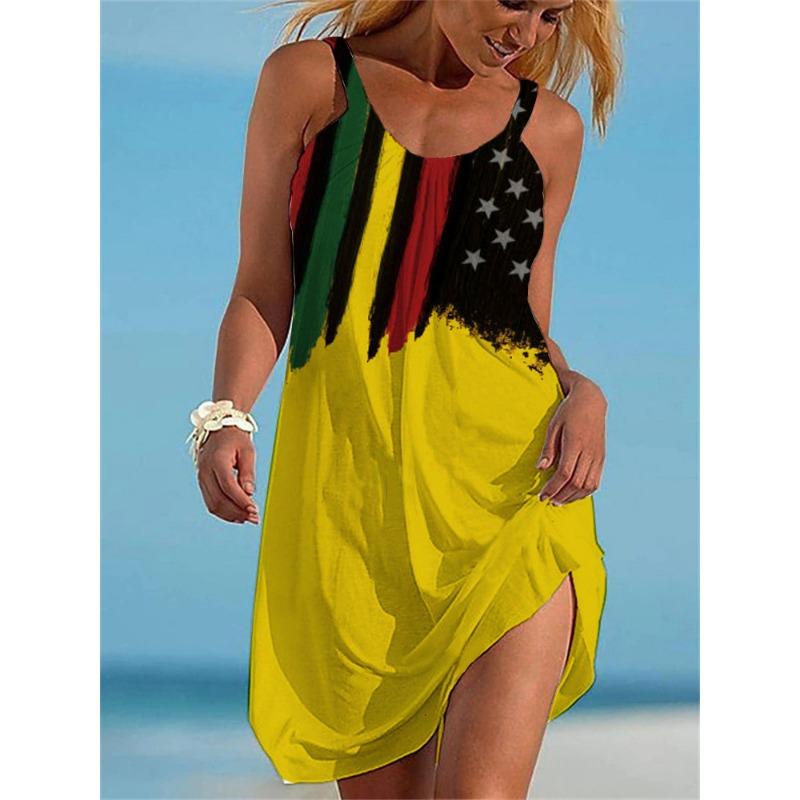 Womens Summer New Rainbow Gradient 3D Print Sleeveless Loose Beach Vacation Midi Dress