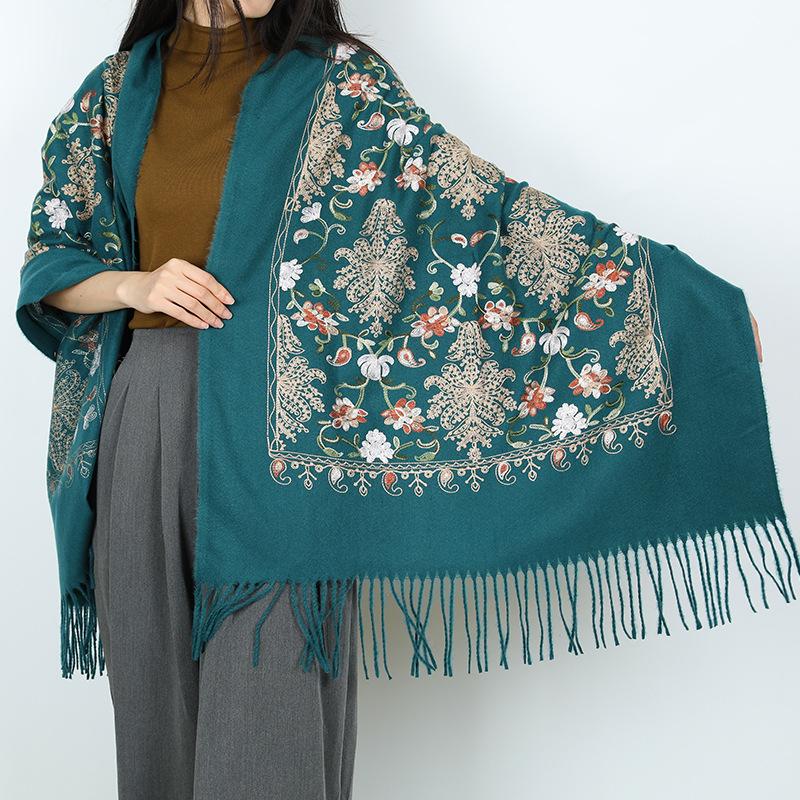 New embroidered women's scarf travel wear with fringed ethnic flowers outside with shawl windproof warm scarf