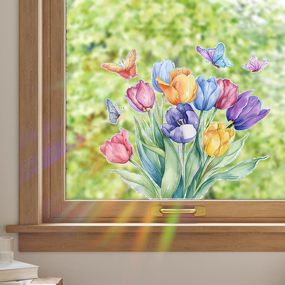 Colorful Flowers Tulips Butterflies Home Beautification and Decoration Glass Doors and Windows Static Window Stickers