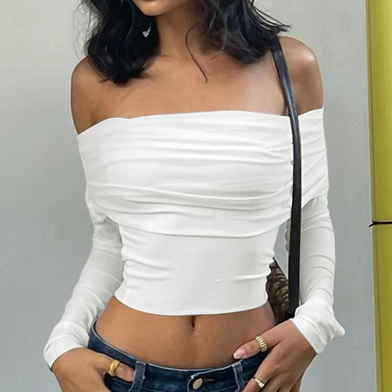 

VONDA Женские винтажные обтягивающие однотонные футболки с открытыми плечами и длинным рукавом 5XL белый