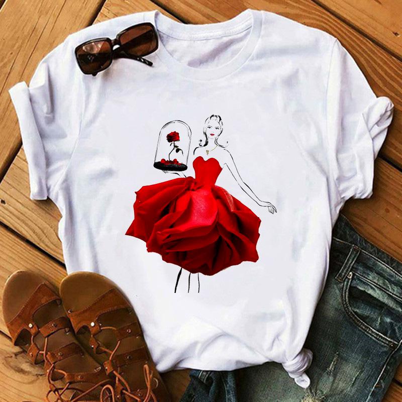 Fashion Flowers Red Rose Skirt Print T-shirt Women T Shirt Femme Harajuku Shorts Sleeves Shirt Summmer Tops Tshirt