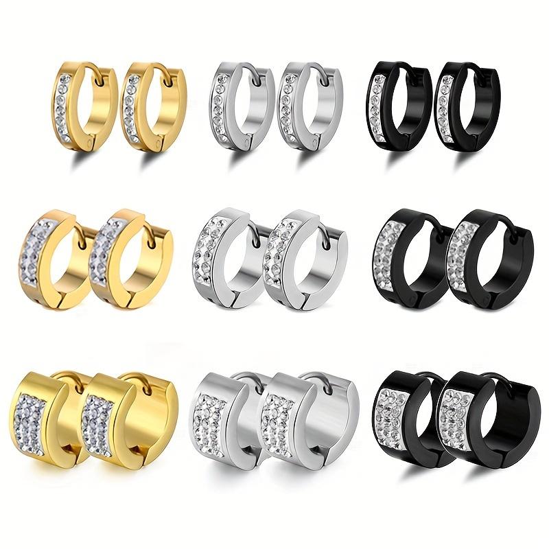 1/9 Pairs Unisex Punk Stainless Steel Crystal Cubic Zirconia Round Huggie Hoop Earrings for Men Women Daily Party Wear Jewelry
