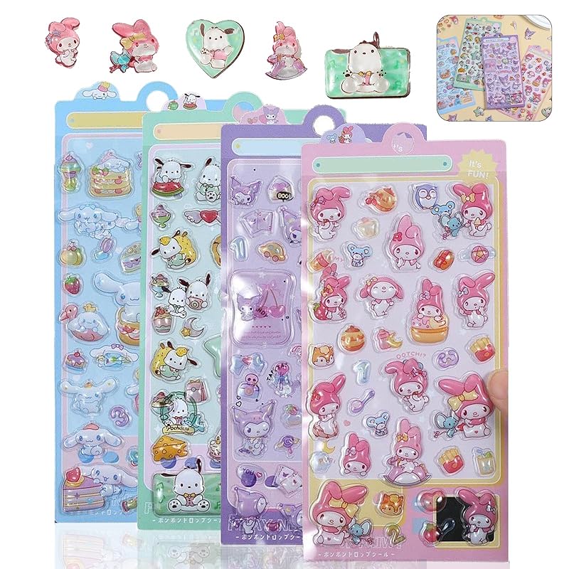 [Set of 4] Cute 3D Puffy Stickers for Planners, Plump and Cute Stickers for Girls, Transparent Backing, Bubble Stickers, Jewel-Like Designs for