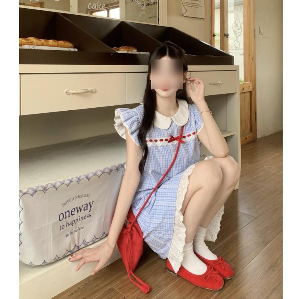 Feifei Sleeve Small Sweet Girl Dress Summer Blue Plaid Cute Doll Collar Sweet Temperament Princess Short Dress